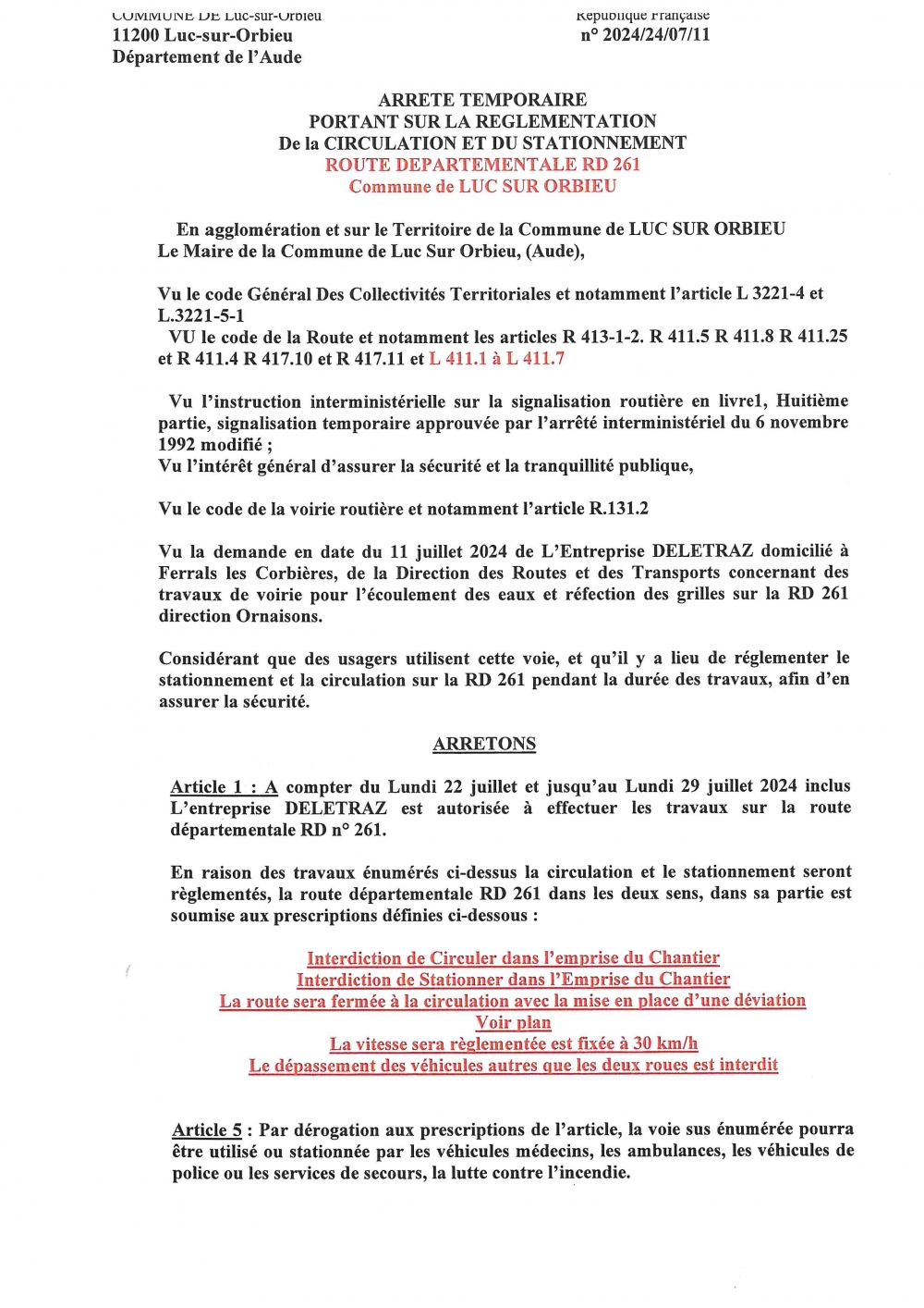Arrêté temporaire portant règlementation de la circulation et du stationnement sur la RD 261